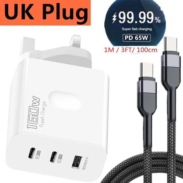 160W Fast Charger USB Type C Phone Charger Adapter Quick Charge QC 5.0 3.0 PD 65W Charger For iPhone iPad Samsung Huawei Xiaomi