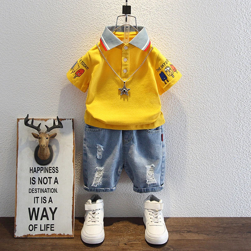 2-10 Years Kids Boys Clothes Set Summer Short Sleeve Cartoon Print Lapel T-shirt And Denim Shorts 2PCS Children Tracksuit Outfit