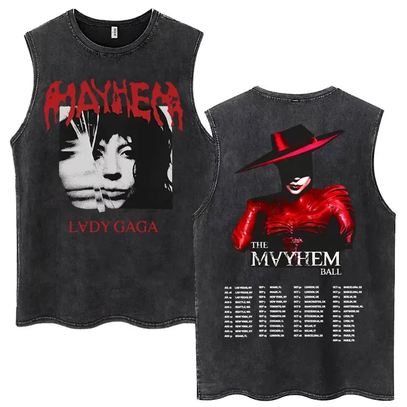 Lady Gaga The Mayhem Ball Tour 2025 Washed Tank Tops Fashion Men Women Vintage Y2K Sleeveless T Shirt 100% Cotton Oversized Tees