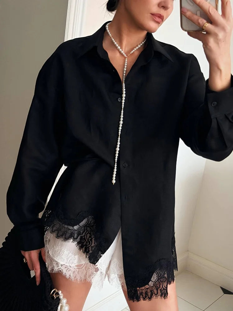 Casual Women's Matching Sets Long Sleeve Shirts Shorts Suit Lace Patchwork 2 Pieces Sets 2026 NEW Spring Beach Lady Outfits