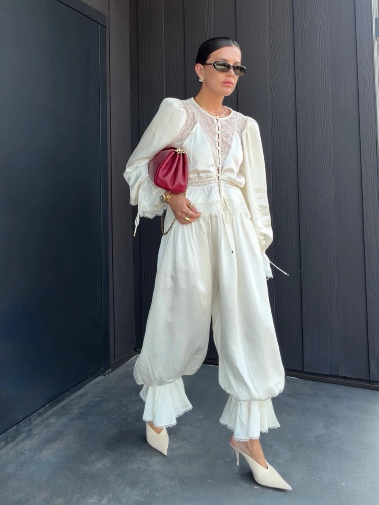Casual Lace Spliced Pants Set Summer Women's Suit Elegant Round Neck Waist Cinching Blouse New Street Evening 2 Pieces Outfits