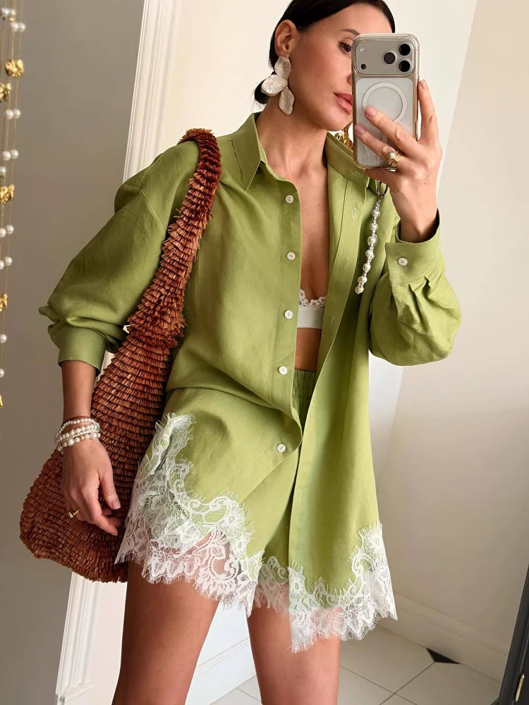 Casual Women's Matching Sets Long Sleeve Shirts Shorts Suit Lace Patchwork 2 Pieces Sets 2026 NEW Spring Beach Lady Outfits