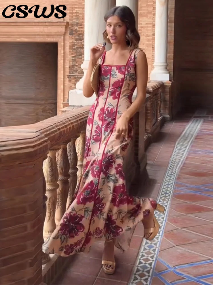 Sexy Printed Flower Long Women's Dress Sleeveless Waist-Closed Slash Neck Lady Dresses Summer Sling Vacation Holiday Robe
