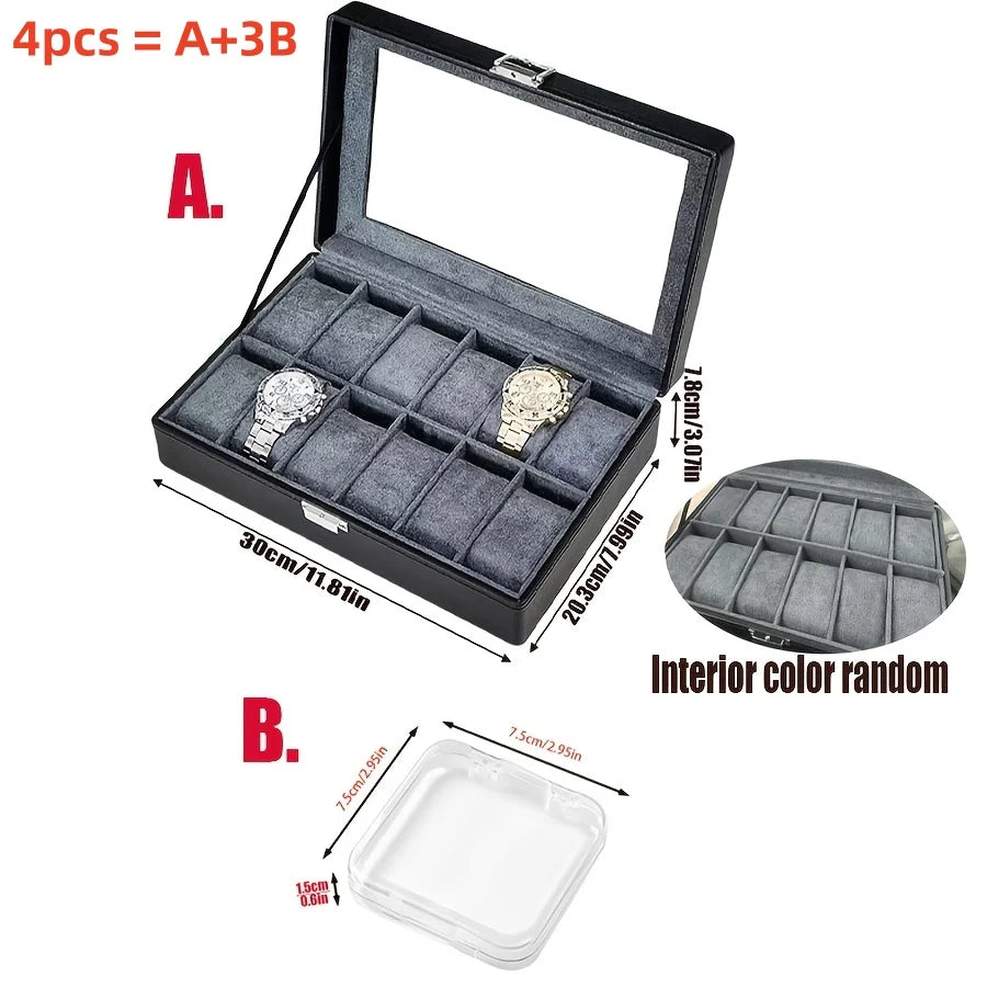 Men's 12 Slot Leather Watch Box with Lock, Luxury Watch Display Organizer + 3Pcs Clear Bracelet Storage Box 4Pcs Set