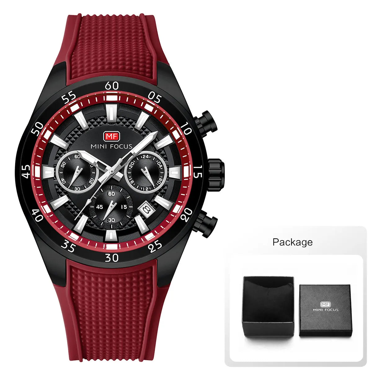 MINI FOCUS Men's Quartz Watch Multifunctional Chronograph Luminous Waterproof Casual Sport Wristwatch with Silicone Strap 0627G