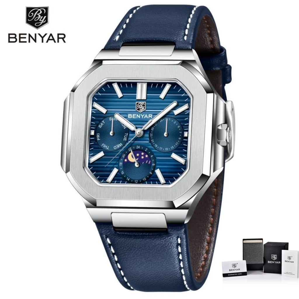 BENYAR Mens Square Watch 37mm Quartz Wristwatch Moon Phase Date Week 24 Hours Display Steel / Leather Strap Waterproof Luminous