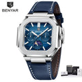 BENYAR Mens Square Watch 37mm Quartz Wristwatch Moon Phase Date Week 24 Hours Display Steel / Leather Strap Waterproof Luminous
