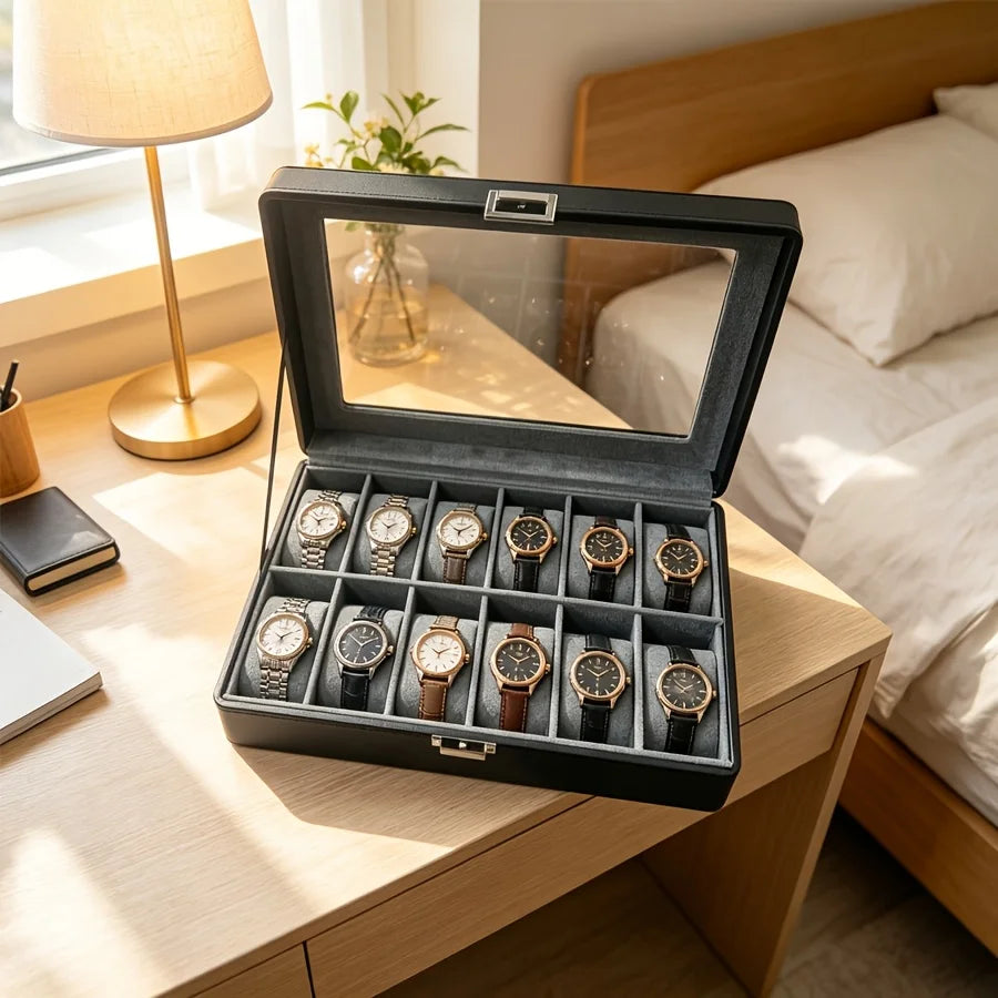 Men's 12 Slot Leather Watch Box with Lock, Luxury Watch Display Organizer + 3Pcs Clear Bracelet Storage Box 4Pcs Set