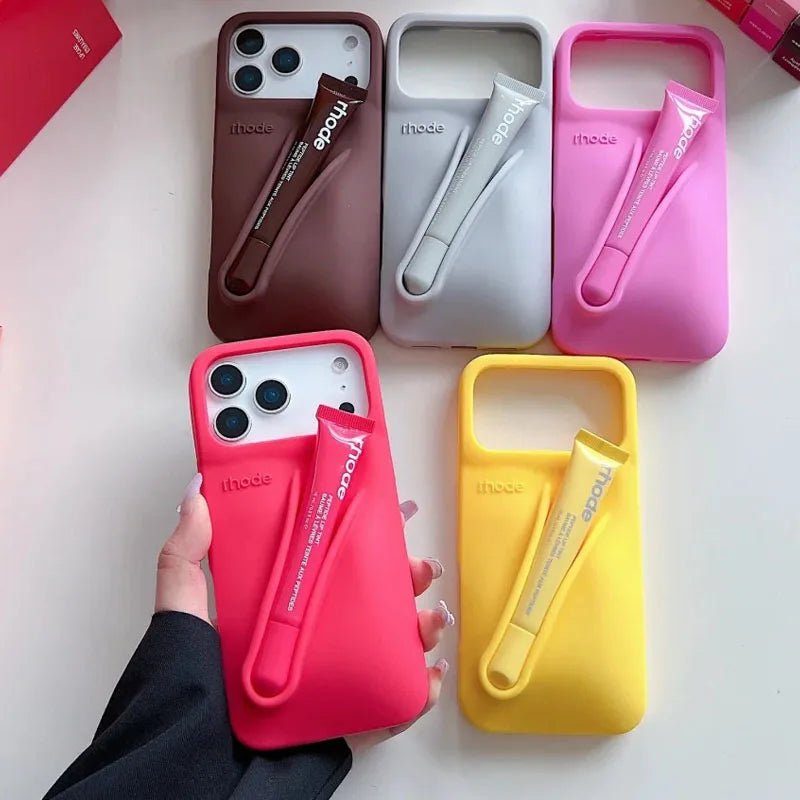 RHODE Lip Gloss Phone Case Silicone Protective Cases Makeup Lipstick Holder Set for IPhone 14 15 16 17 Pro Max Air 13 12 11 Plus