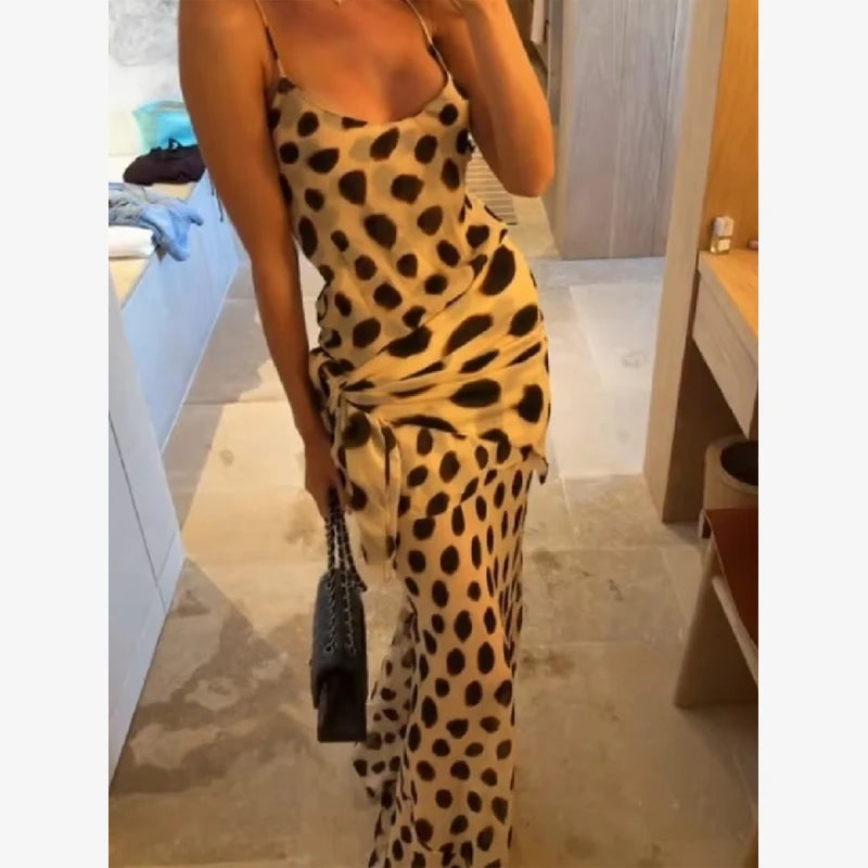 Women Two Tone Dot Print Long Sleeve Split Midi Dress Y2K Deep V Drawstring Slim Mermaid Skirt 2026 Street Club Party Outfit