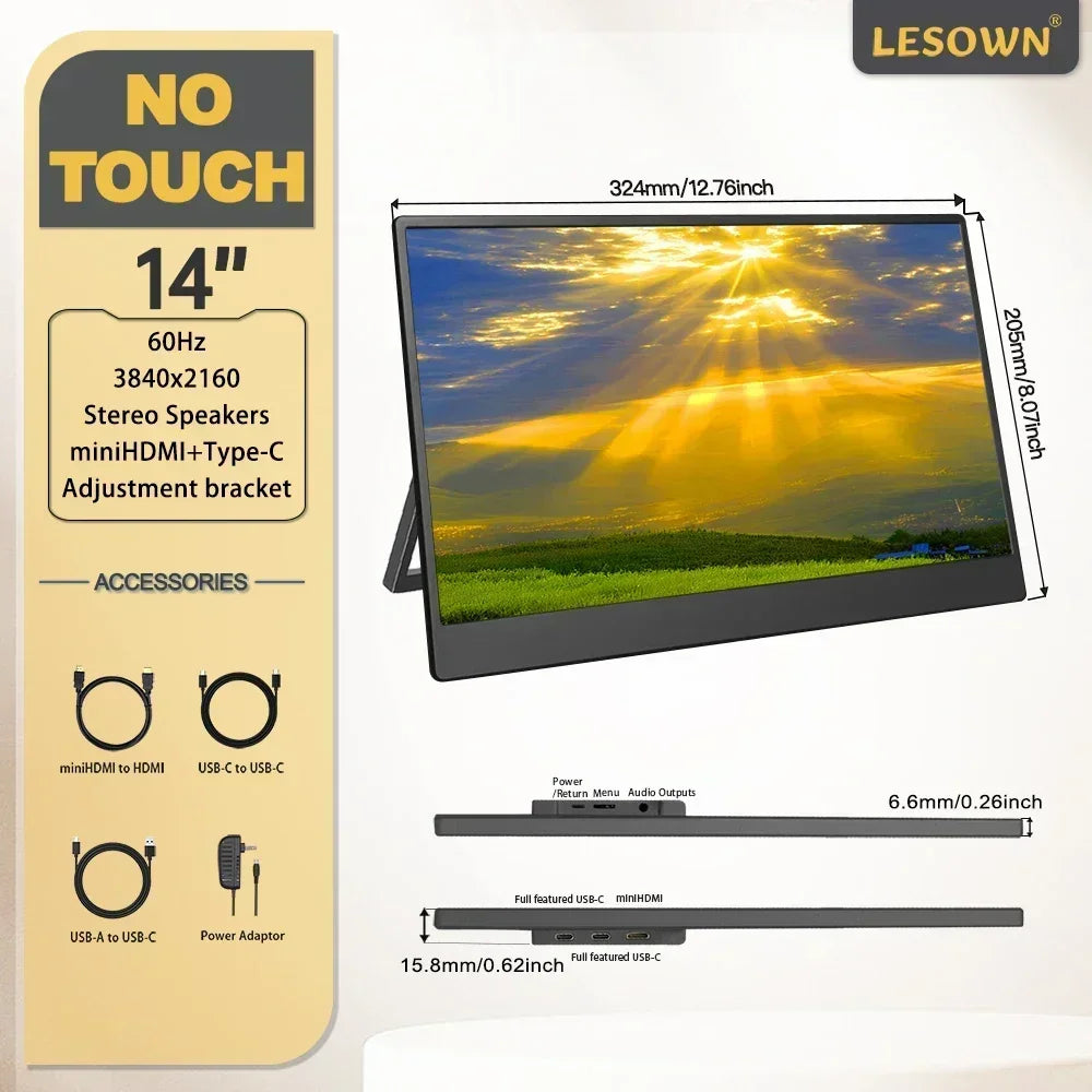 LESOWN 11.6 14 16 inch 4K Portable Monitor 2.5K 120Hz Wide Screen USB-C Display with Holder for Laptop Phone Xbox PS4 PS5 Switch
