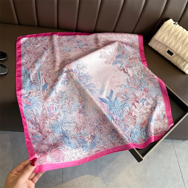 2026 New Silk Square Scarf Women Headscarf Foulard Bandana Pink Floral Print Neckerchief Soft Head Scarves Female Hijab Neck Tie