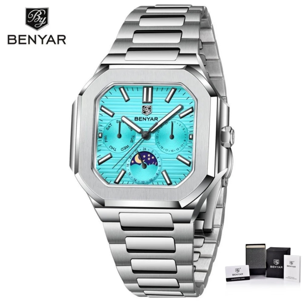 BENYAR Mens Square Watch 37mm Quartz Wristwatch Moon Phase Date Week 24 Hours Display Steel / Leather Strap Waterproof Luminous