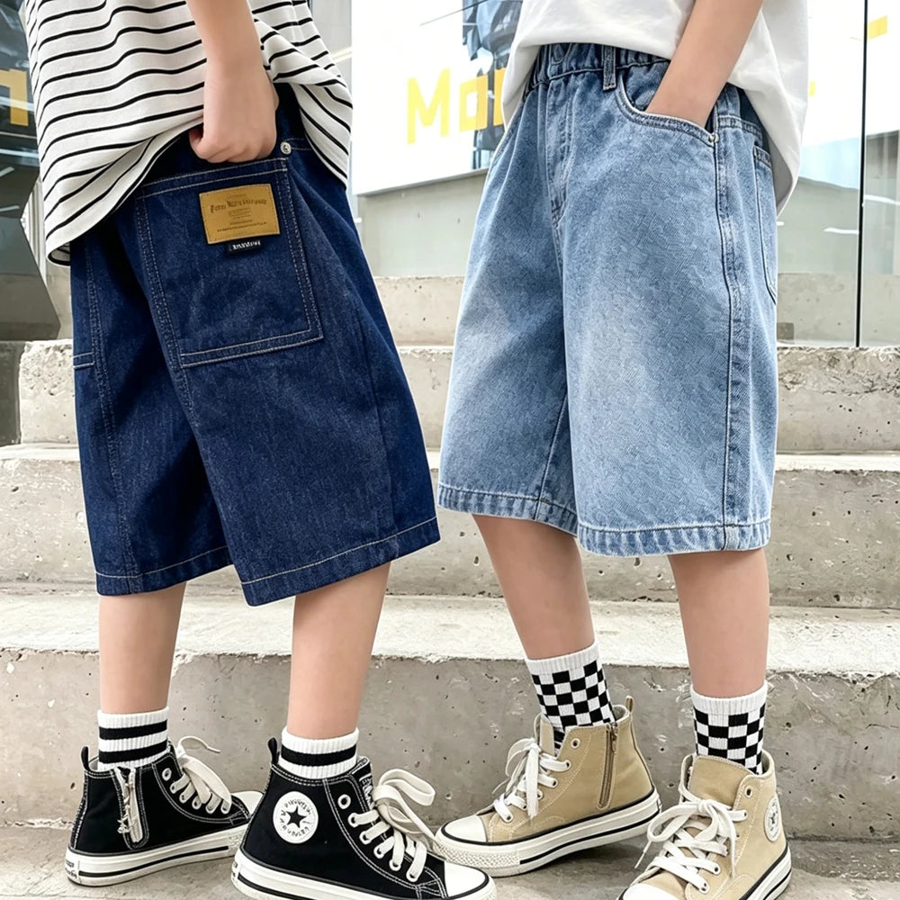 Teen Boys Denim Shorts 2026 New Summer Children Loose Wide Leg Knee Length Jean Pants Kid Casual Streetwear Elastic Waist Shorts