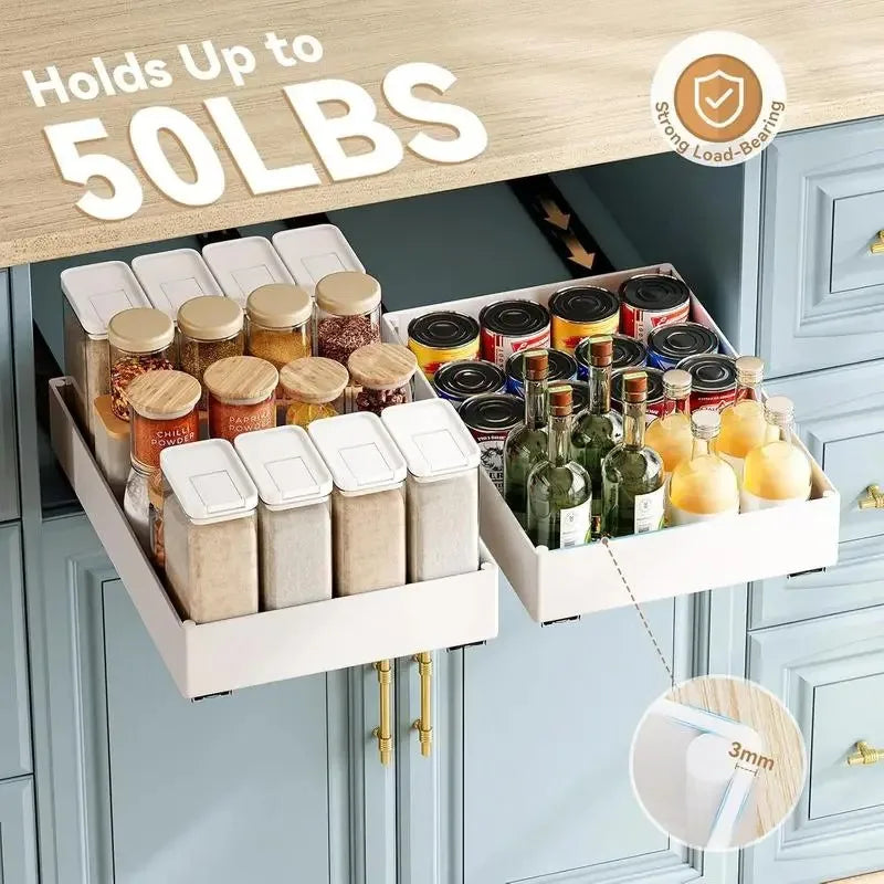 1-2pcs Kitchen Organizer Pull Out Cabinet Storage Rack Drawer Type Storage Tray with Slide Rails Cabinets Organizer for Pantry