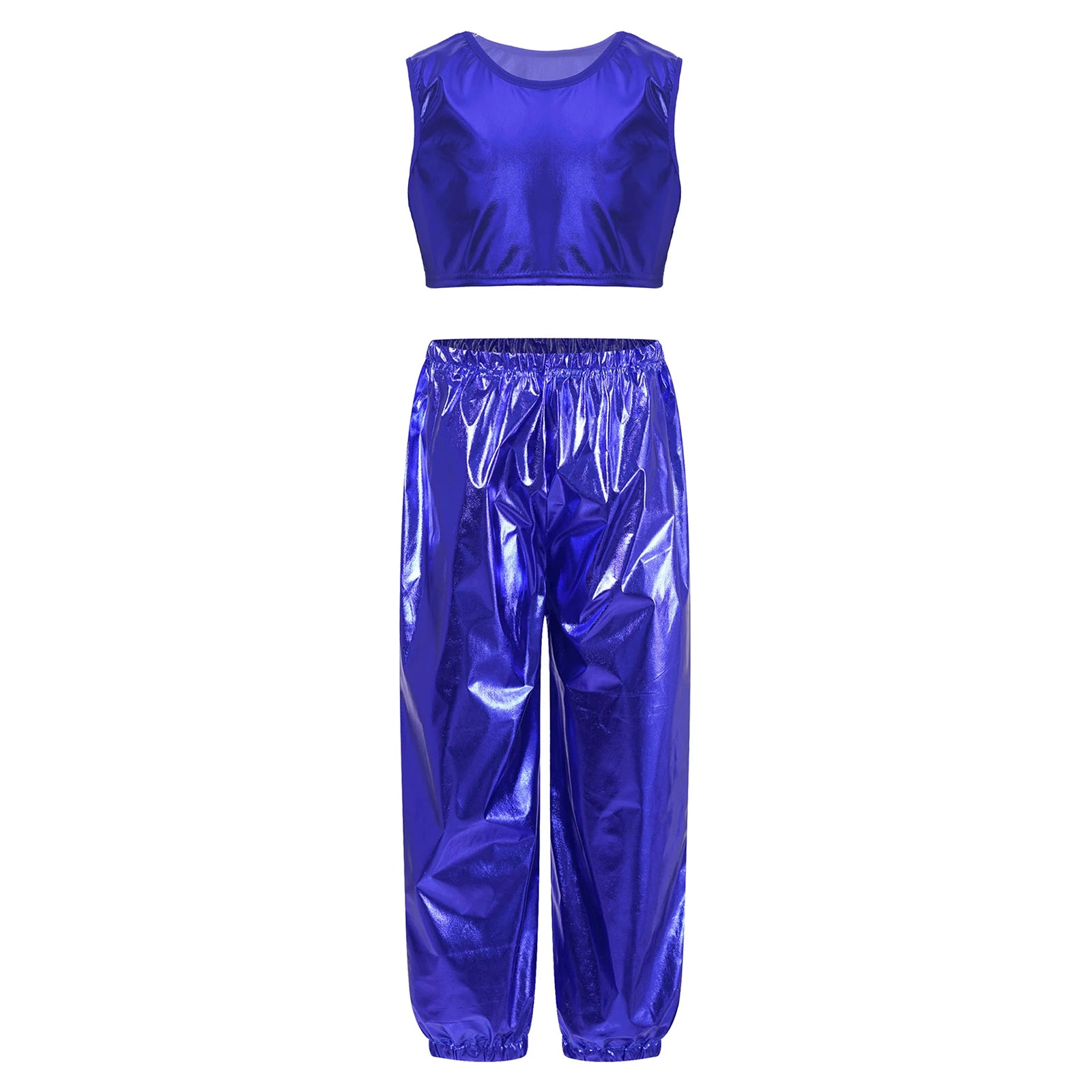 Kids Girls Boys Fashion Clothes Set Metallic Shiny T-shirt with Pants Suit for Jazz Hip Hop Street Dance Performance Costume
