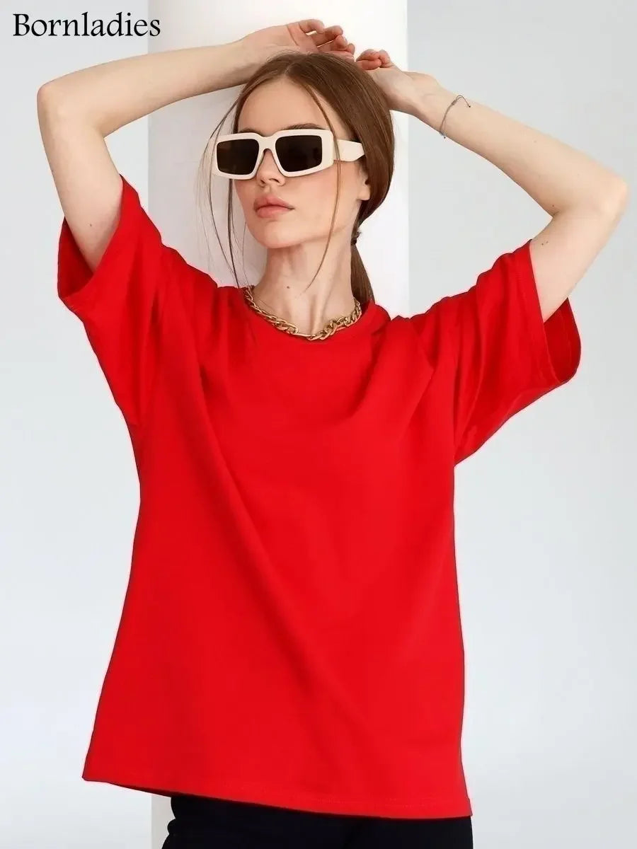Bornladies 2025 Women's Summer 100% Cotton T-shirt Bottoming Basic Fashionable Solid Lady Short Sleeve Loose Tops Shirts