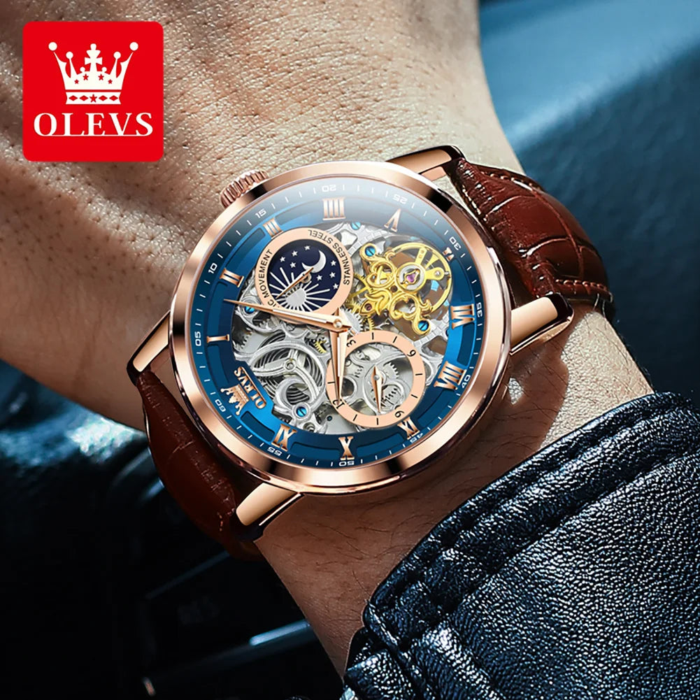 OLEVS 6670  Men Watch Luxury Leather Strap Sport Clock Business Automatic Mechanical Skeleton Wristwatch for Man High Quality