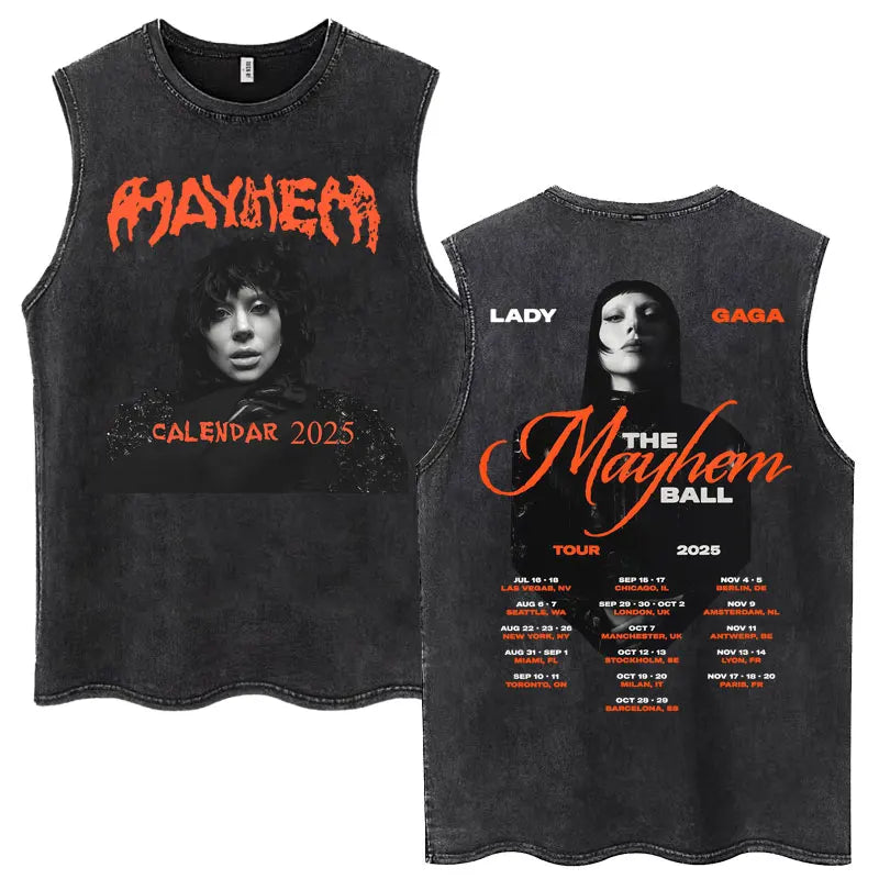 Lady Gaga The Mayhem Ball Tour 2025 Washed Tank Tops Fashion Men Women Vintage Y2K Sleeveless T Shirt 100% Cotton Oversized Tees