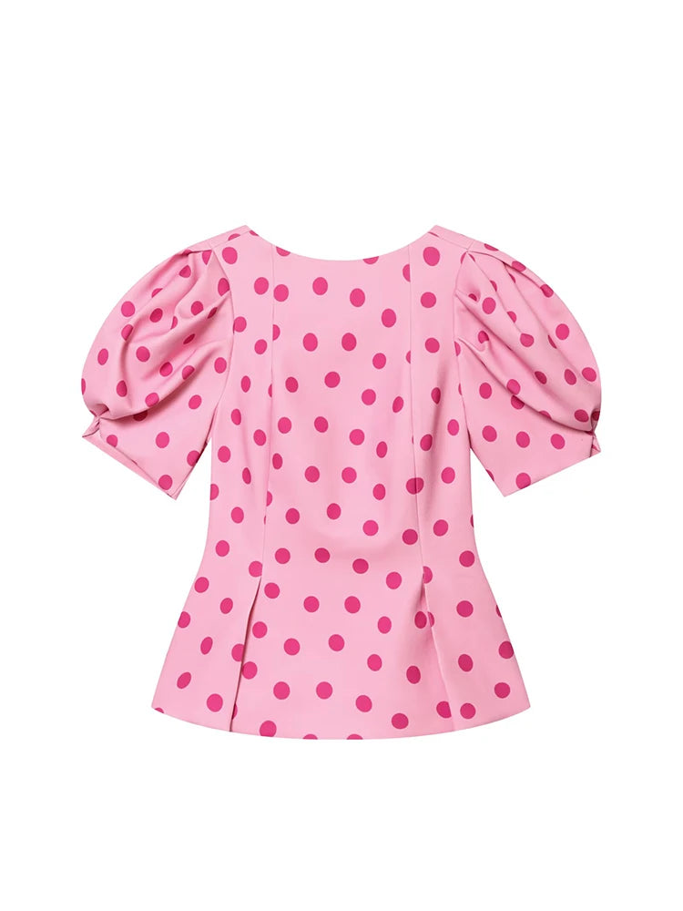 TFMLN Women's Sweet Blouse 2026 Street Chic O Neck Tee Female Summer Casual Vintage Polka Dot Puff Short Sleeve Tops New