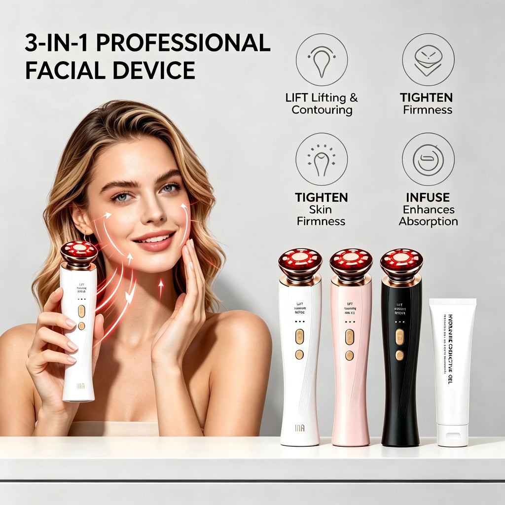 3 in 1 Red Light Handle Facial Device Portable V Shaped Face Lifting Slimming Massager for Neck Skin Tightening Anti-Aging Skincare Tool For Women Travel Home Use Gift