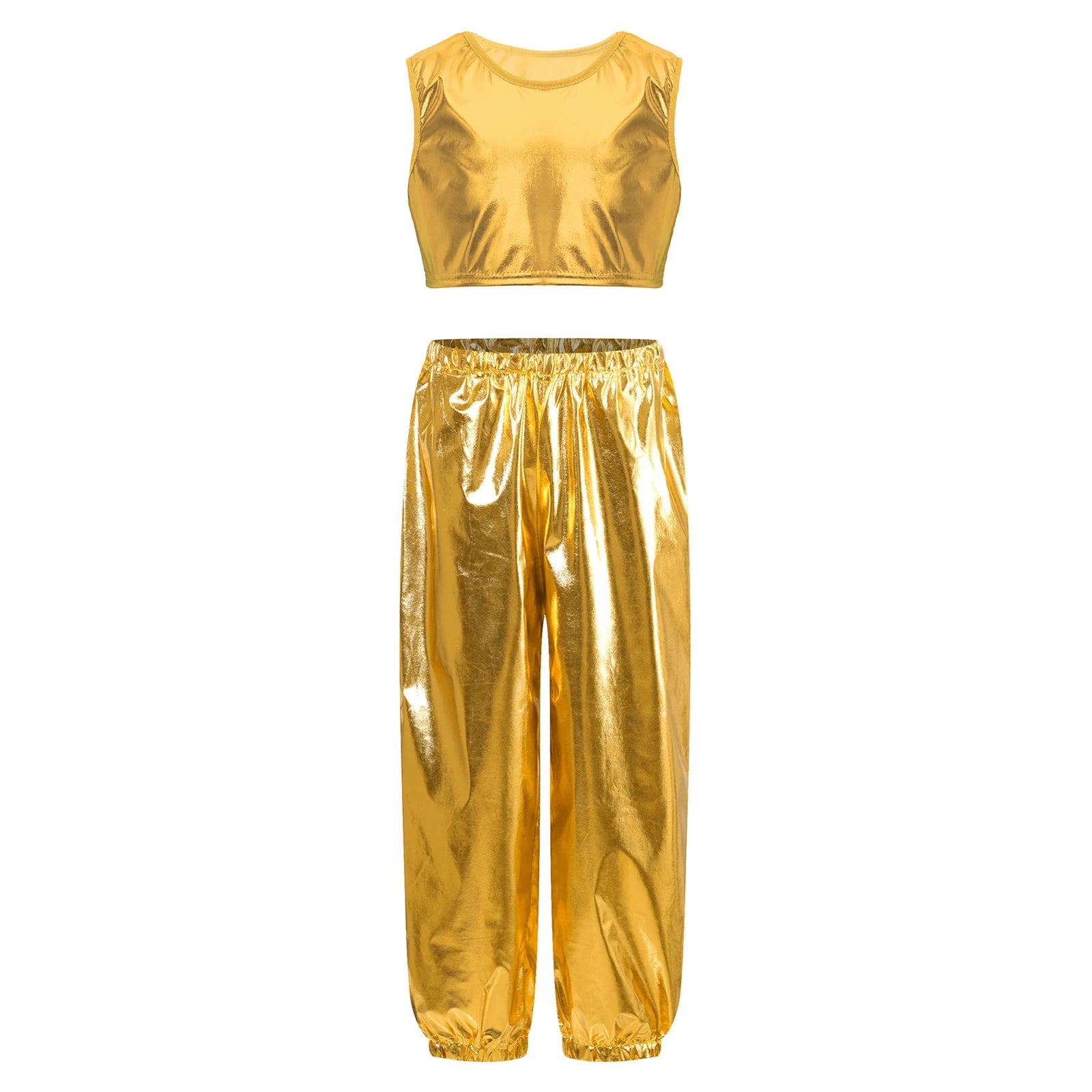 Kids Girls Boys Fashion Clothes Set Metallic Shiny T-shirt with Pants Suit for Jazz Hip Hop Street Dance Performance Costume
