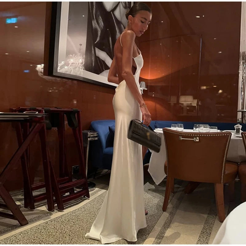 Sexy Backless Satin Women's Summer Dress V-neck Sleeveless Backless Slit Beach Sling Sundress 2026 Lady Chic Evening Party Robes