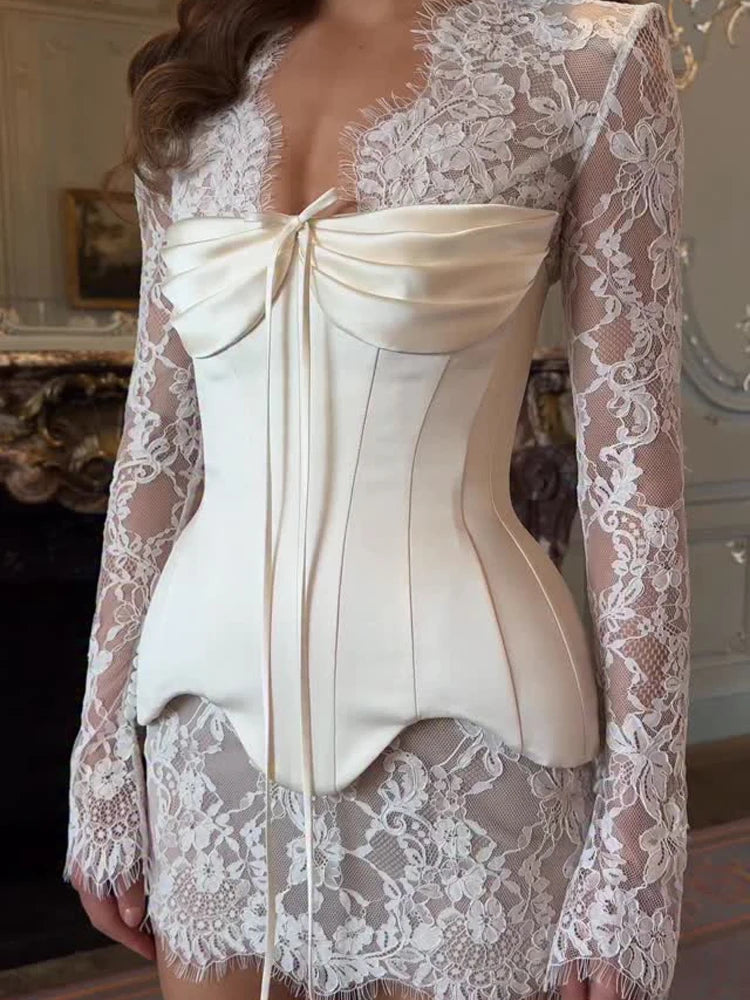 Sexy Lace Patchwork Dress Women Solid V-neck Fishbone Corset Slim Waist Long Sleeve Mini Dresses 2026 Summer Lady Party Gown