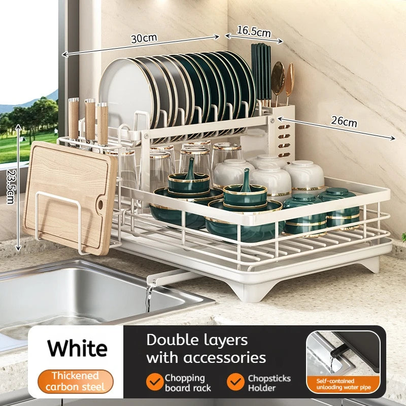 Adjustable Stainless Steel Dish Drying Rack with Drainboard - Over The Sink Plate Organizer, Kitchen Storage & Drainer