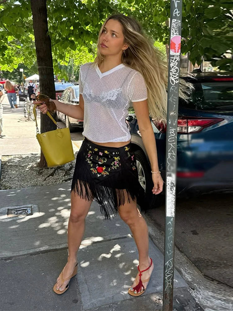 Casual Embroidery Mini Skirts Women Tassel Patchwork Low Waist Lady Short Irregular Skirts Female 2026 Summer Lady Bottoms Chic