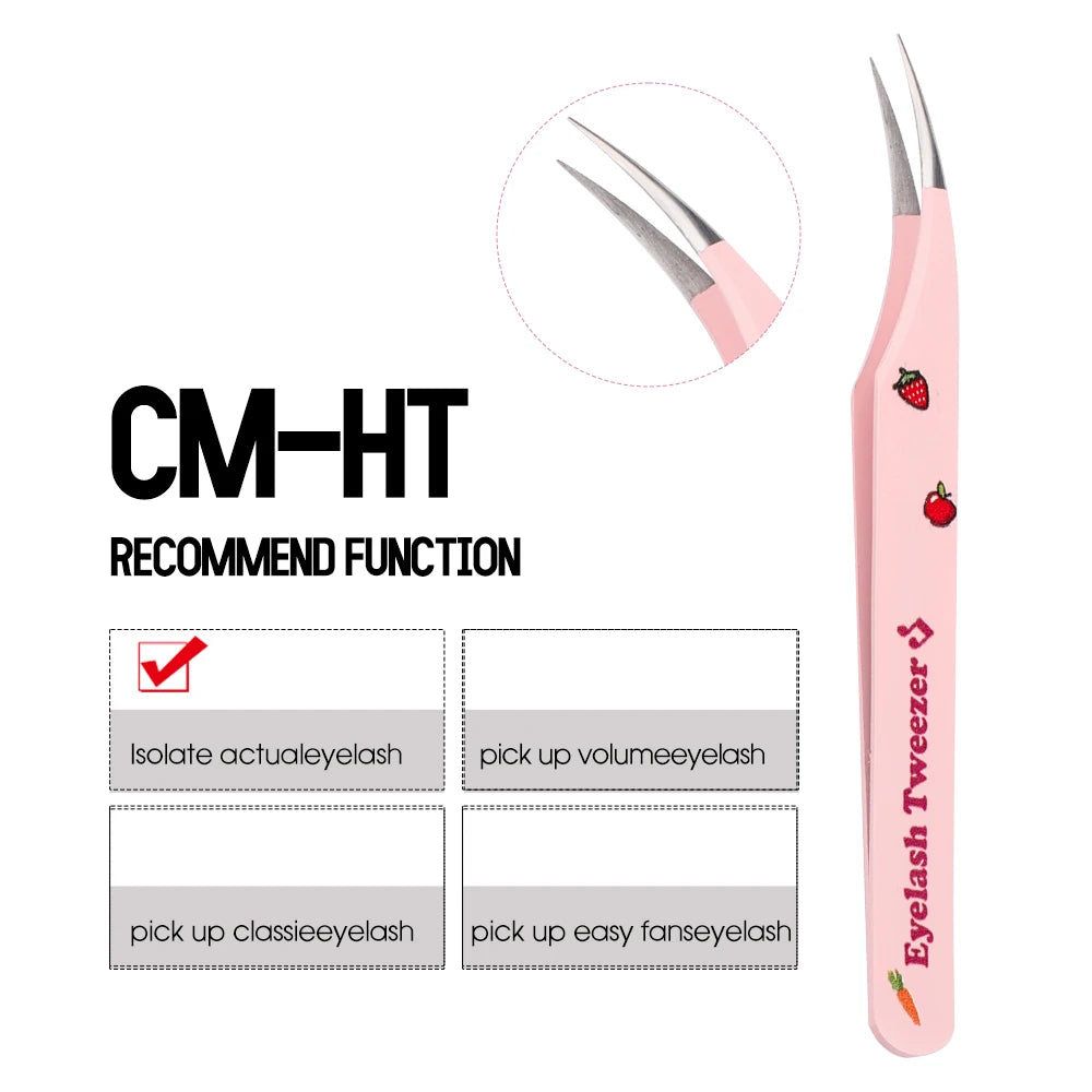 GEMERRY Eyelash Pink Strawberry Stainless Steel Superhard Tweezers For Lash Extension High Precision Anti-Static Makeup Tweezer