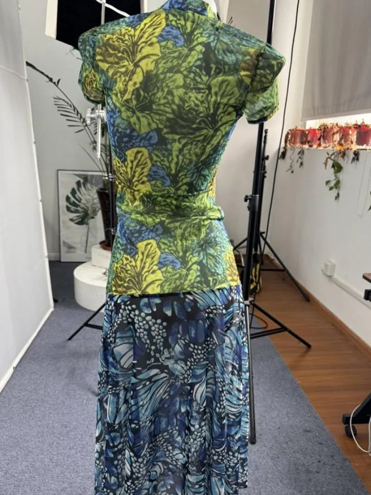 Jungle Butterfly Print Midi Dress Mandarin Collar Cutout Waist High Slit Dress 2026 Summer Festival Night Out Wear Women Vestido