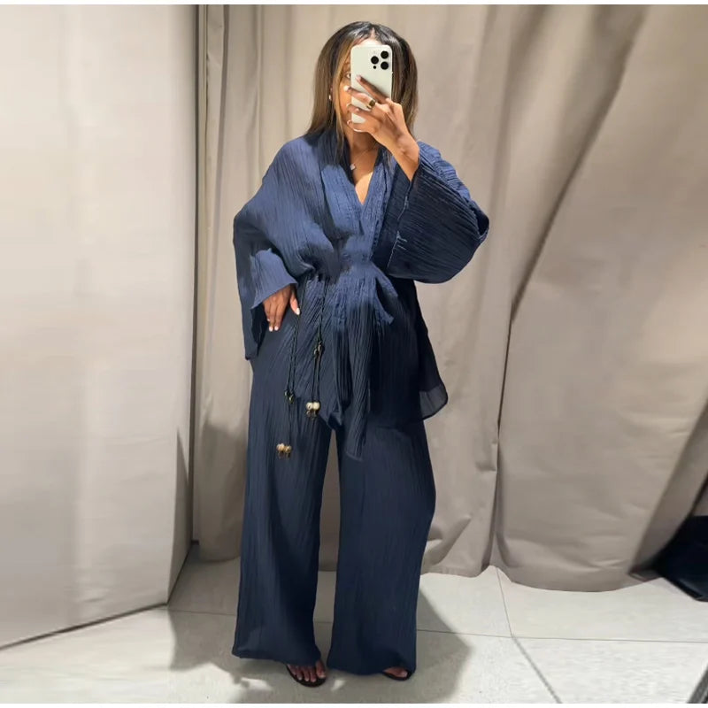 Casual Pleated Cardigan Pants Set V-neck Drop Shoulder Flared Sleeves Belt Waist Shirt Wide Leg Pants 2026 Chic Lightweight Sets