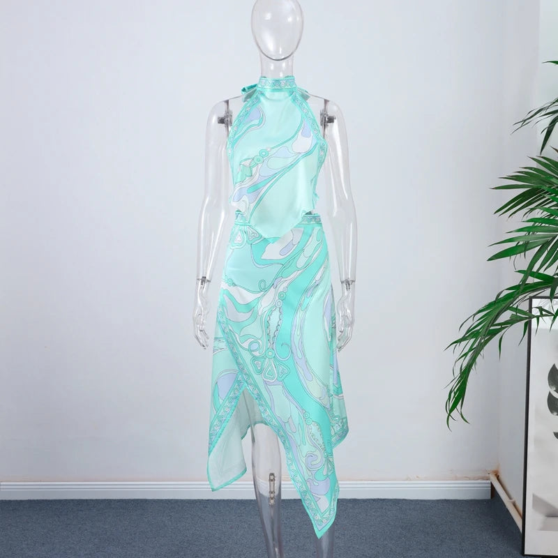 Print Women Dress Backless Mini Dress Halter High Waist Dresses Flared Skirt Hem Waist Shaping Slimming Casual Trendy Street Sty
