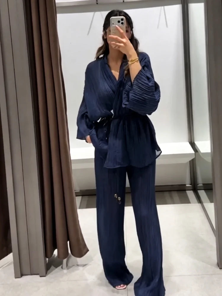 Casual Pleated Cardigan Pants Set V-neck Drop Shoulder Flared Sleeves Belt Waist Shirt Wide Leg Pants 2026 Chic Lightweight Sets