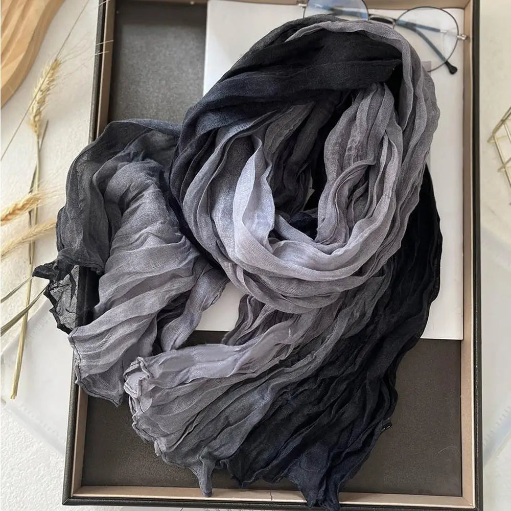 2025 Cotton Hemp Pleated Scarves Women's Gradient Color Linen Scarf  Fashionable Trend Fold Shawl Windproof Sand Proof Headscarf