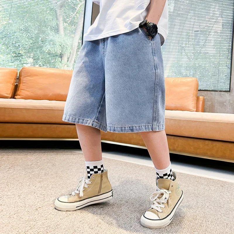 Teen Boys Denim Shorts 2026 New Summer Children Loose Wide Leg Knee Length Jean Pants Kid Casual Streetwear Elastic Waist Shorts