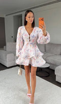 Elegant Floral Printed Waist-cinched Mini Dress Women Pleated Deep V-neck Long Sleeve Button-front Dresses Fashion Party Robe