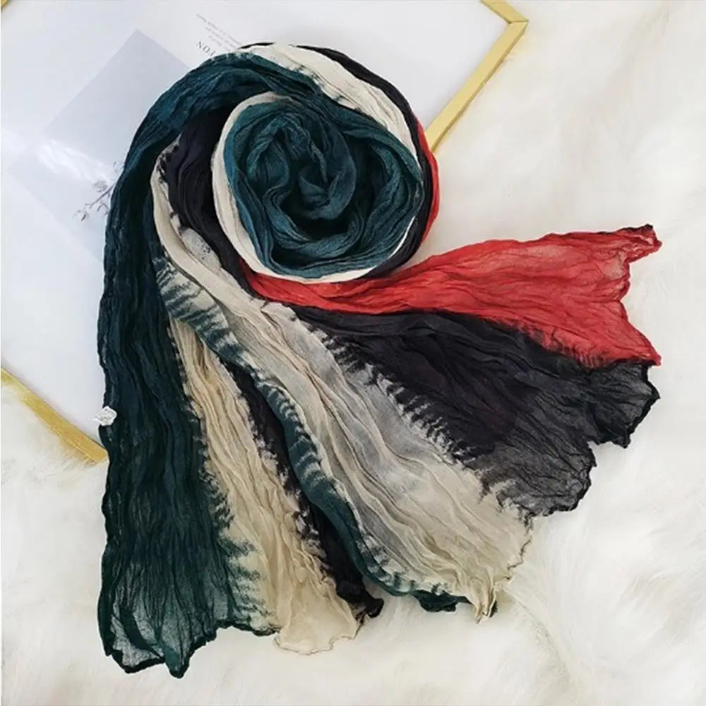 2025 Cotton Hemp Pleated Scarves Women's Gradient Color Linen Scarf  Fashionable Trend Fold Shawl Windproof Sand Proof Headscarf