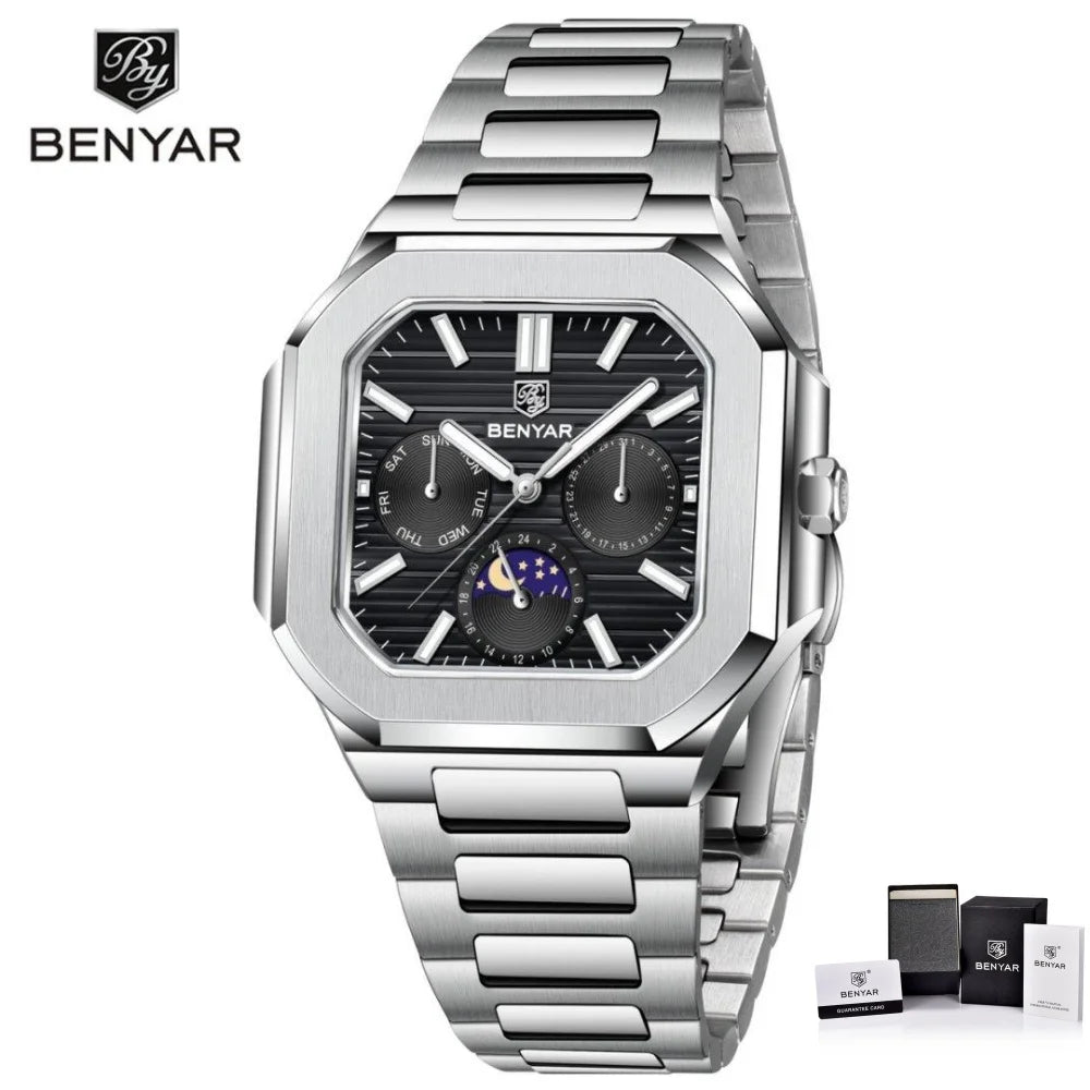 BENYAR Mens Square Watch 37mm Quartz Wristwatch Moon Phase Date Week 24 Hours Display Steel / Leather Strap Waterproof Luminous