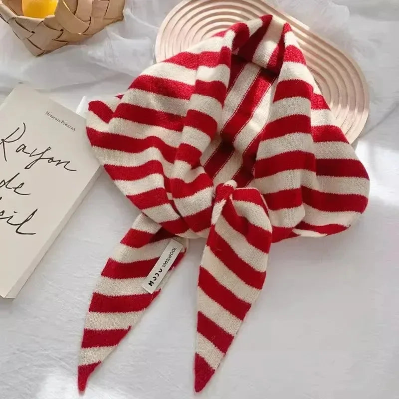 Korean Stripe Triangle Scarf 100% Wool Triangular Scarf Men Women British Niche Headscarf Knitted  Multi-functional Warm Scarf