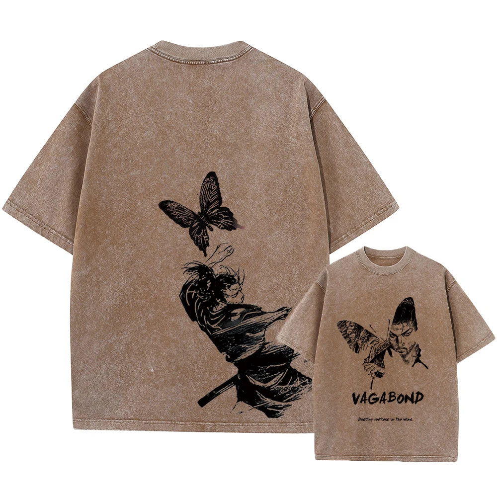 Anime Vagabond Miyamoto Musashi Cool Graphic Washed T Shirt Men Vintage Cotton T-shirts Harajuku Male Manga Comfortable Tshirt
