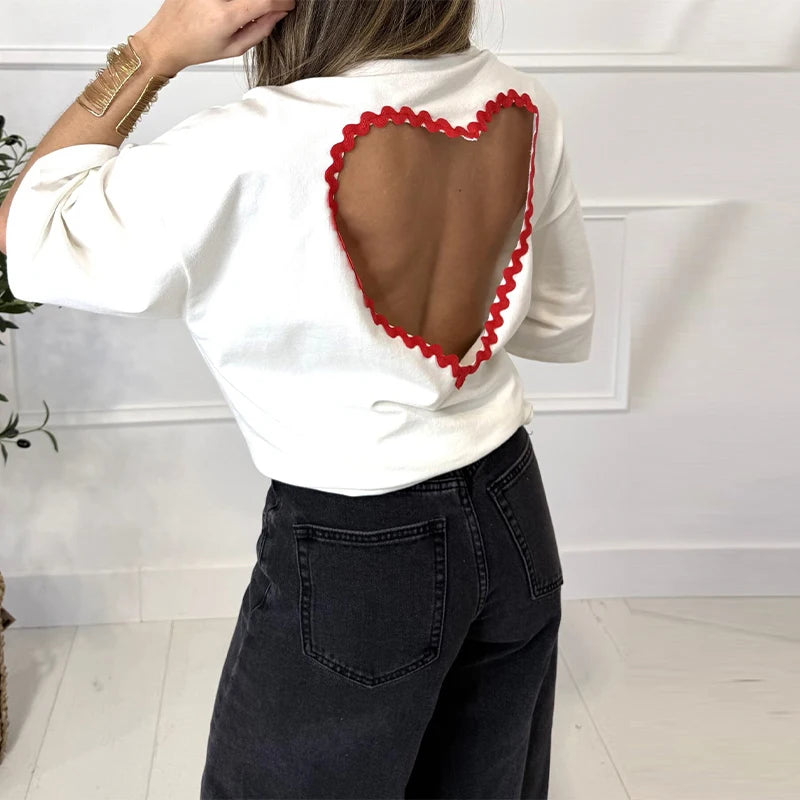 Y2k Style White Oversized T Shirt Women Fashion Backless Heart Cutout Red Trim Half Sleeve Tops Summer Casual Streetwear Outfits