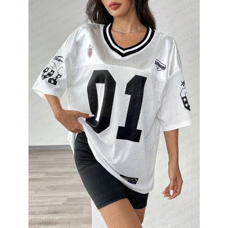American Sports Fashion V-Neck T-Shirt Street Y2K Hip-Hop Jersey Women's Loose Breathable Quick Drying Casual Versatile Top