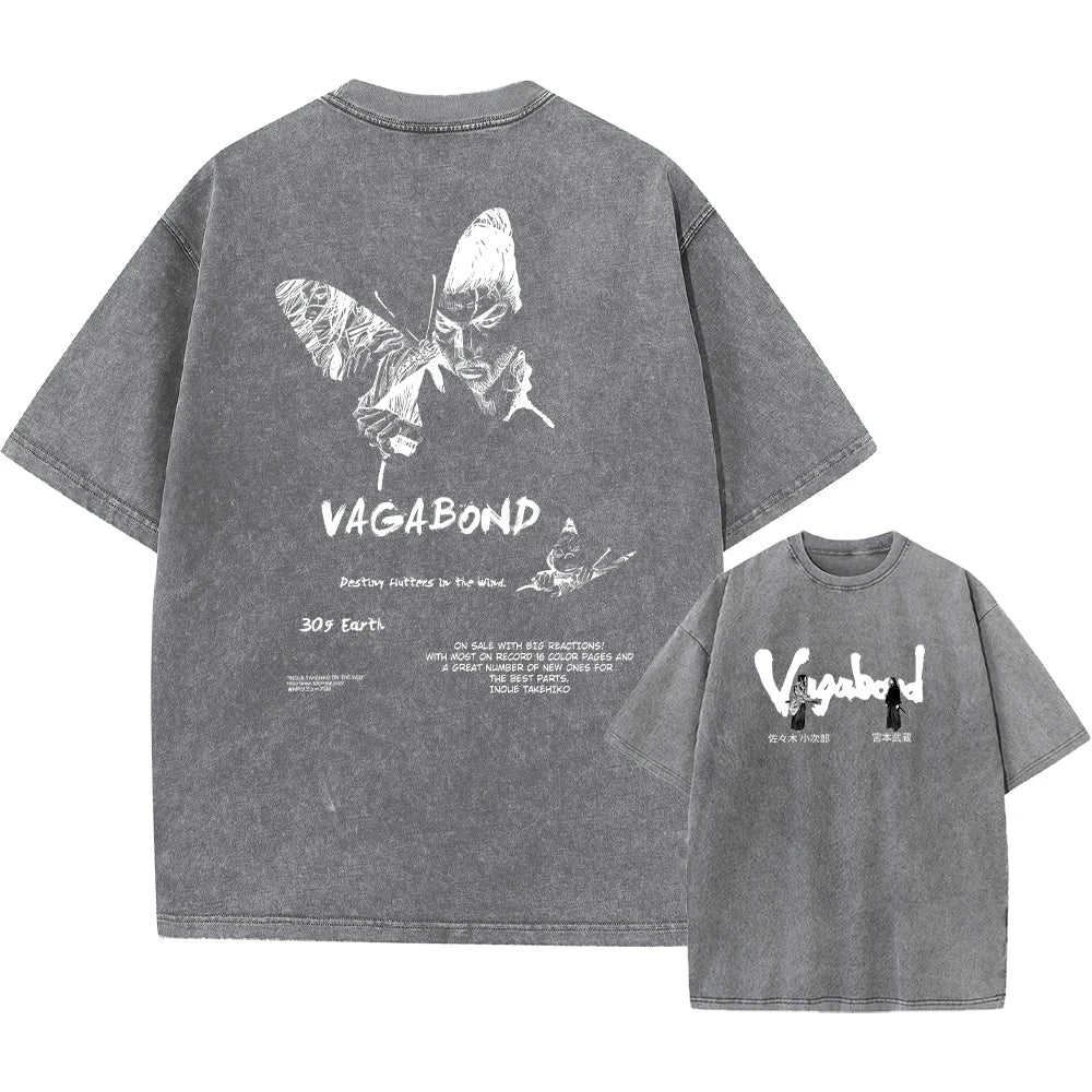 Anime Vagabond Miyamoto Musashi Cool Graphic Washed T Shirt Men Vintage Cotton T-shirts Harajuku Male Manga Comfortable Tshirt