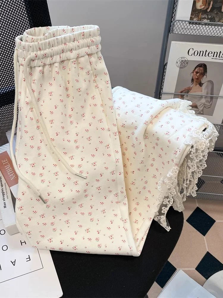 Zoki Chic Floral Sweet Wide Leg Pants Women Bow Lace Patchwork High Waist Trousers Japan Cute Loose Female Casual Fashion Pants