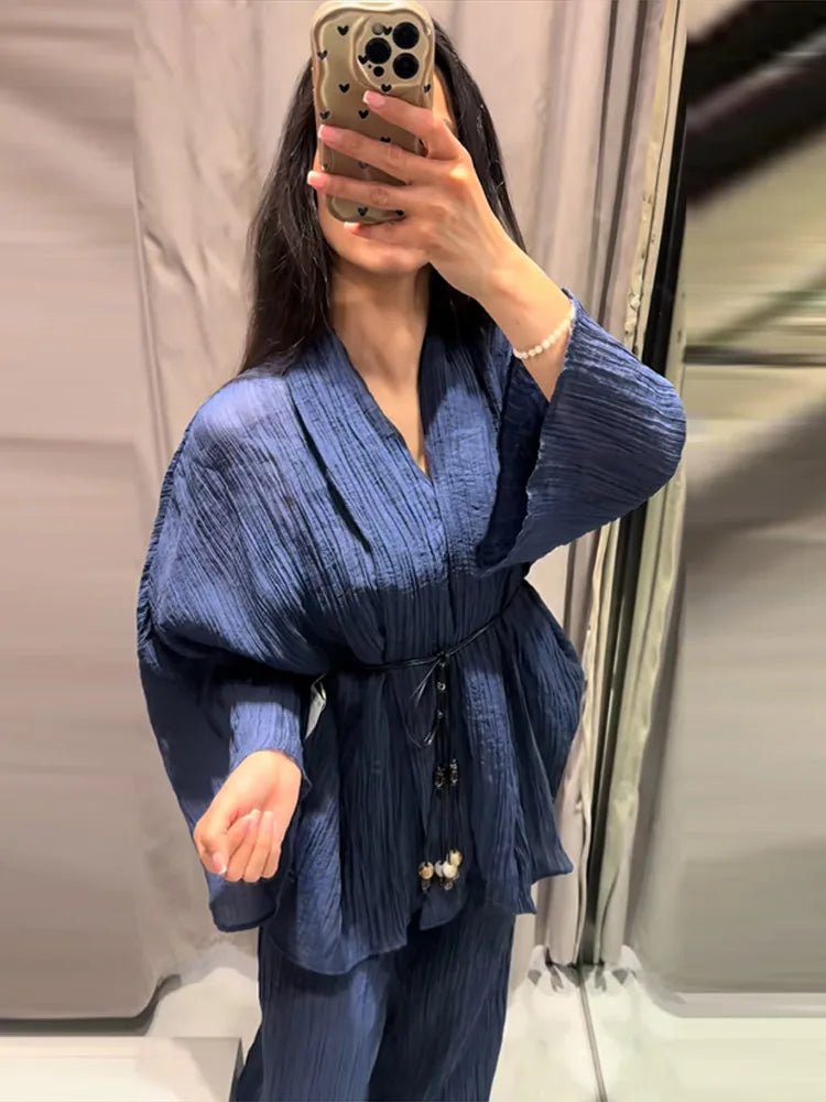 Casual Pleated Cardigan Pants Set V-neck Drop Shoulder Flared Sleeves Belt Waist Shirt Wide Leg Pants 2026 Chic Lightweight Sets