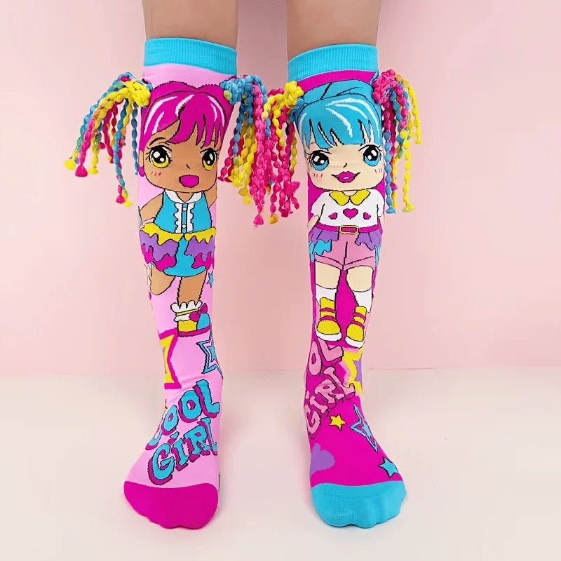 Girls Long Knee-High Socks Fun 3D Design Novelty Vibrant Colors Non-Thermal Regular Thickness Kids Stockings