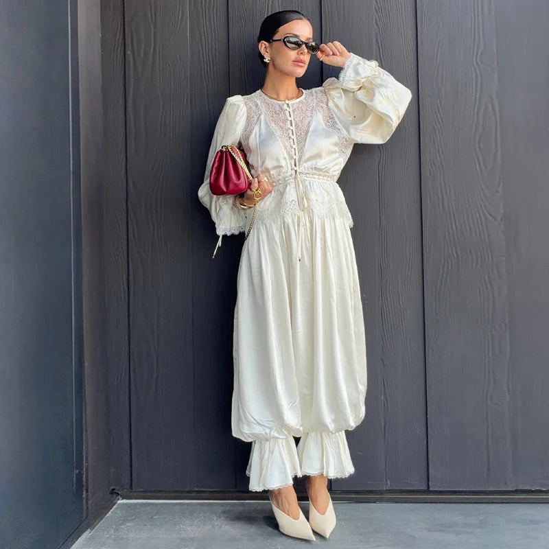Casual Lace Spliced Pants Set Summer Women's Suit Elegant Round Neck Waist Cinching Blouse New Street Evening 2 Pieces Outfits