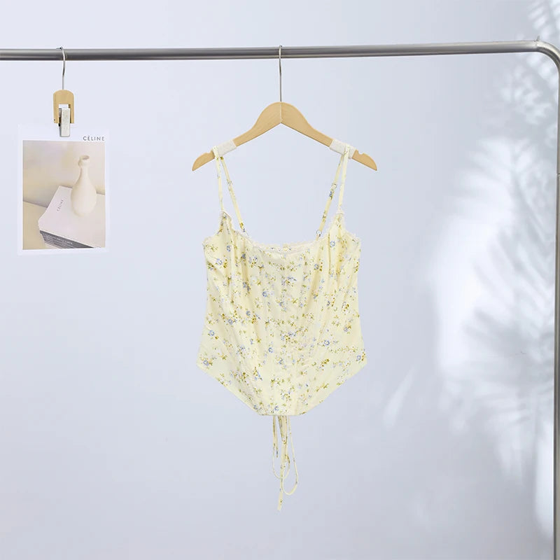 Floral Printed Fish-bone Tank Tops Women's Slim Sleeveless Back Lace-up Waist-cinching Blouses 2026 New Ladies Summer Outfit